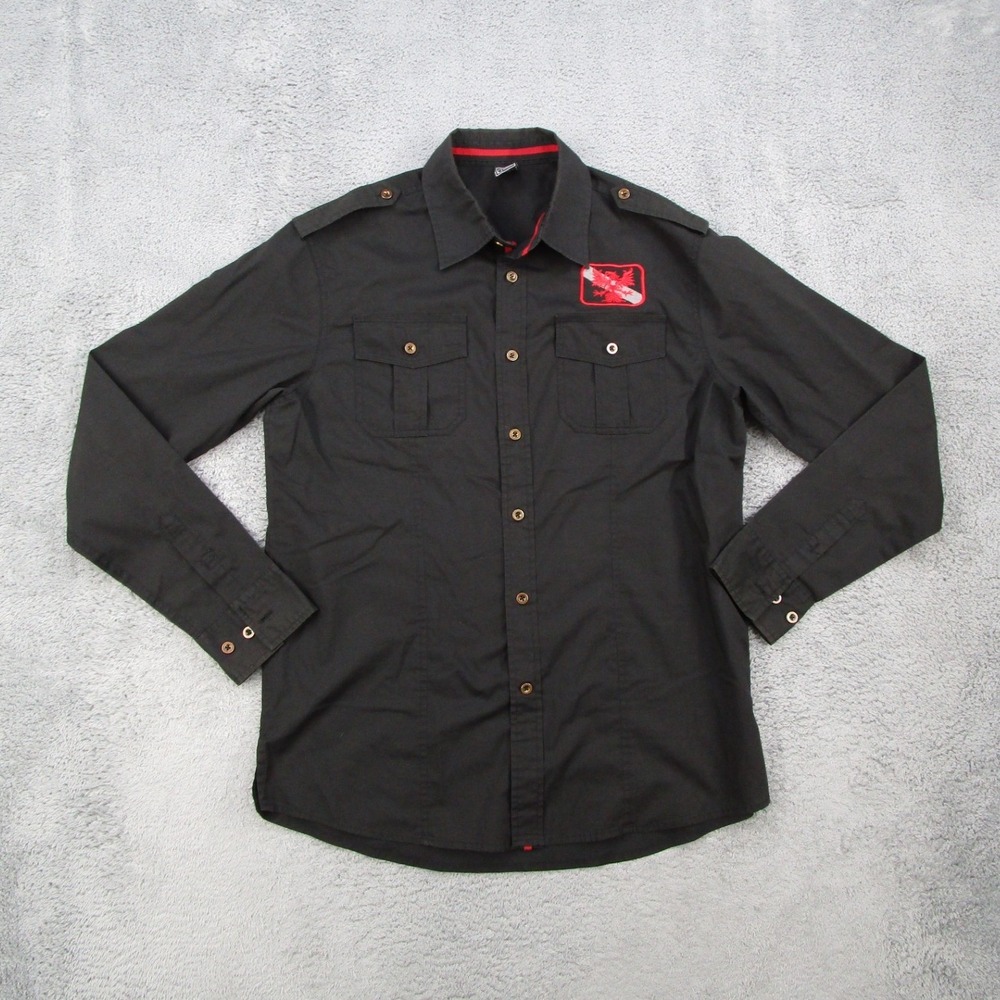 Avirex Mens Black Military Button Down Shirt Eagle Patch Epaulettes Large